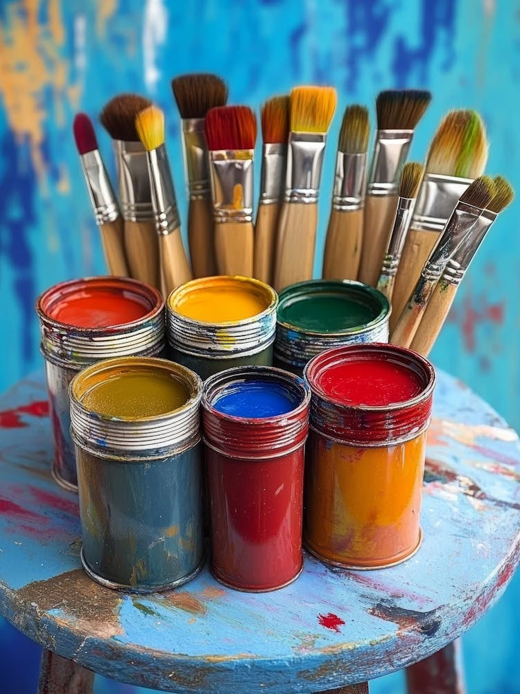 Tin Cans With Paint And Brushes