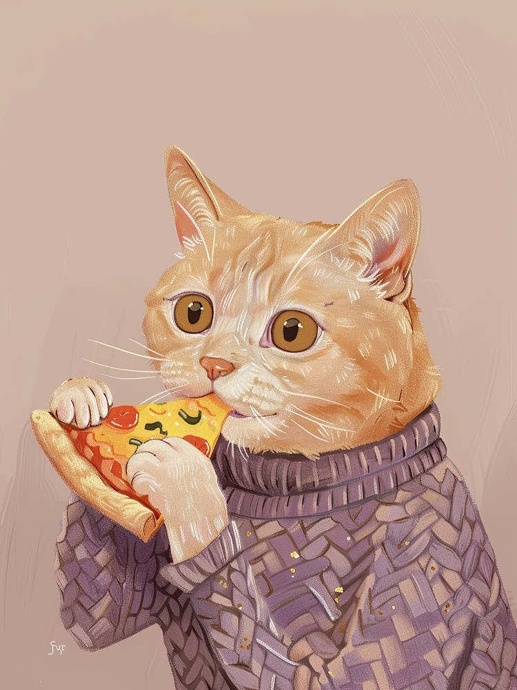 Cat In A Sweater Pizza Lover Folk Illustration 3