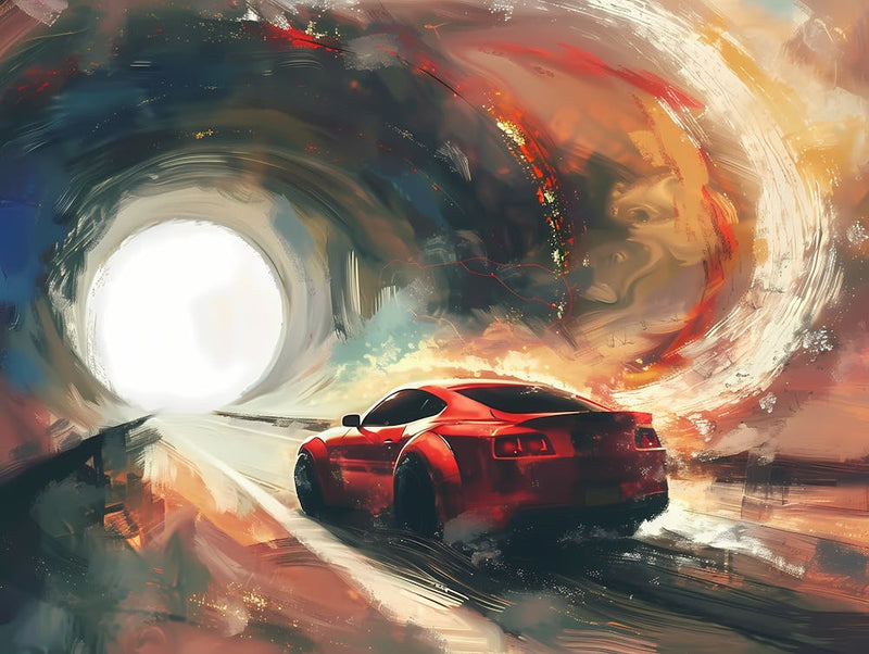 Red Car Driving Through A Tunnel