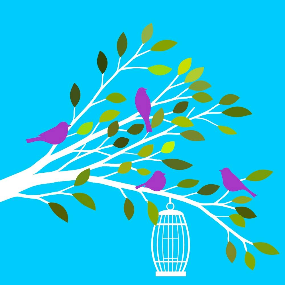 Birds Silhouettes Floral Branch Tree Sheets Green Blue Design Art Nature