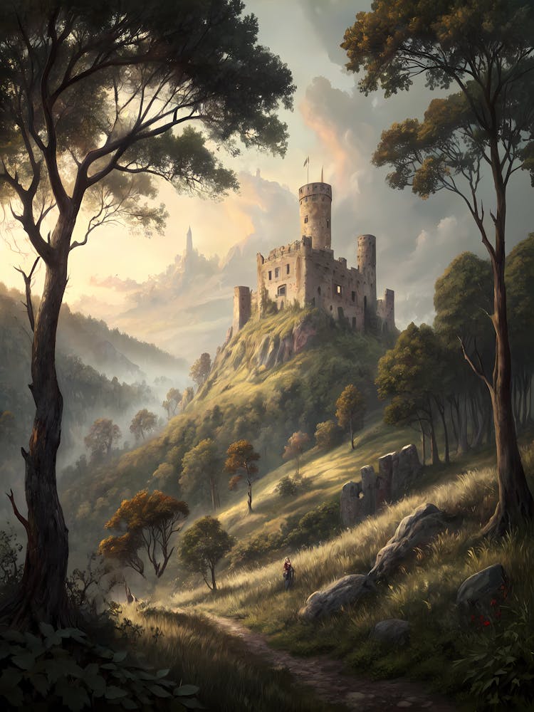 Oil Painting Style Distant Castle Ruins On Hill