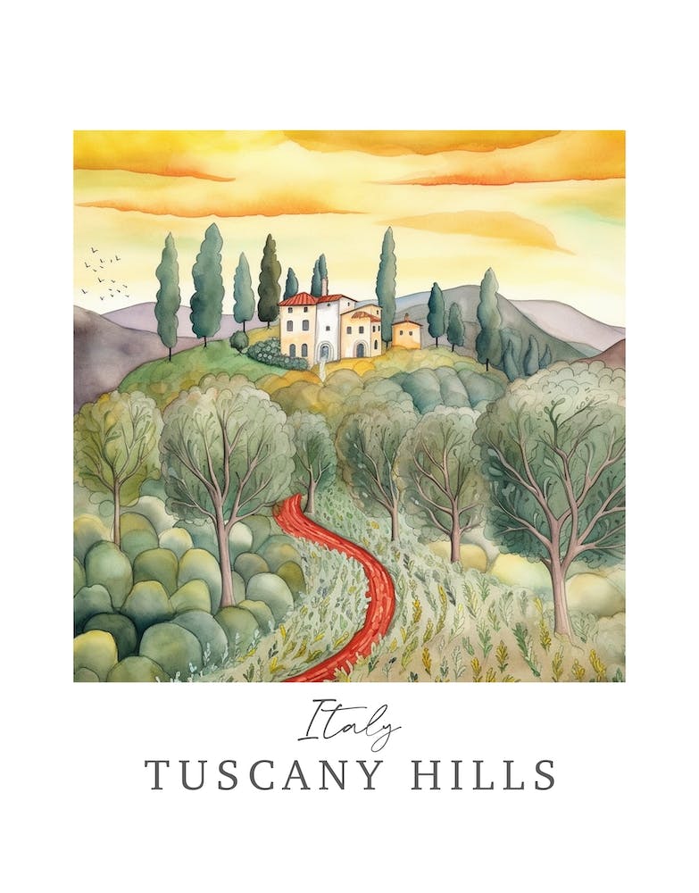 Italy Tuscany Hills Storybook 2 Travel Poster Watercolour