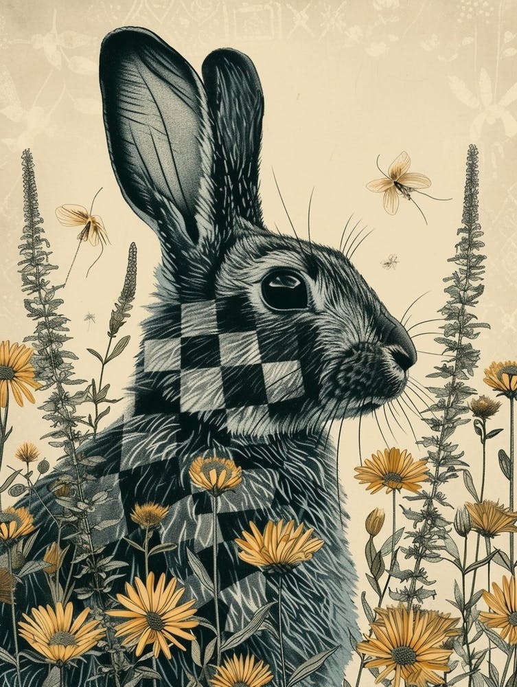 Checkered Giant Blockprint Rabbit Illustration 3