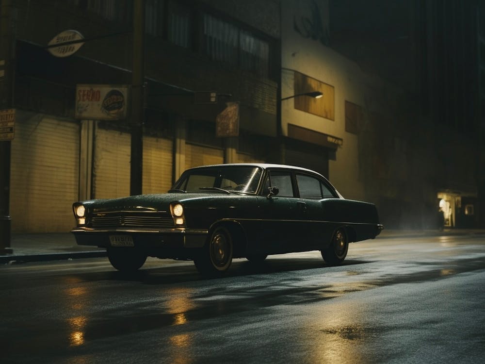 Hyper realistic AI art of vintage vehicle driving at night with city lights lighting the scene.