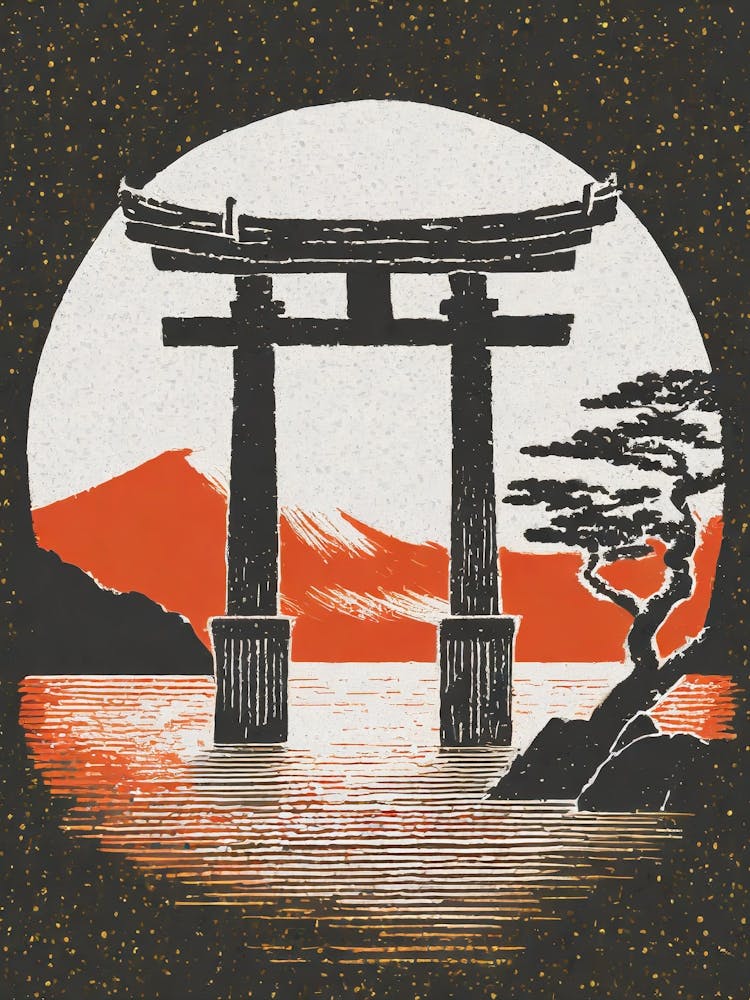 A Moonlight View Of The Floating Torii Gate Of Itsukushima Shrine Ukiyo-E Style