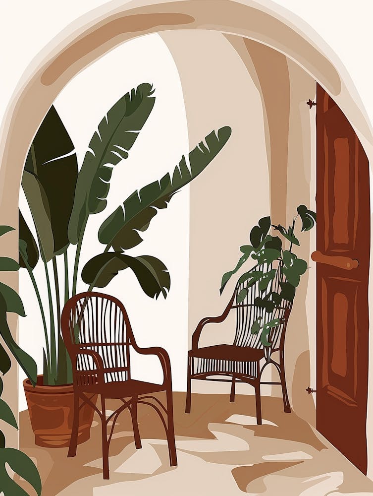 Porch With Chairs And Potted Plants