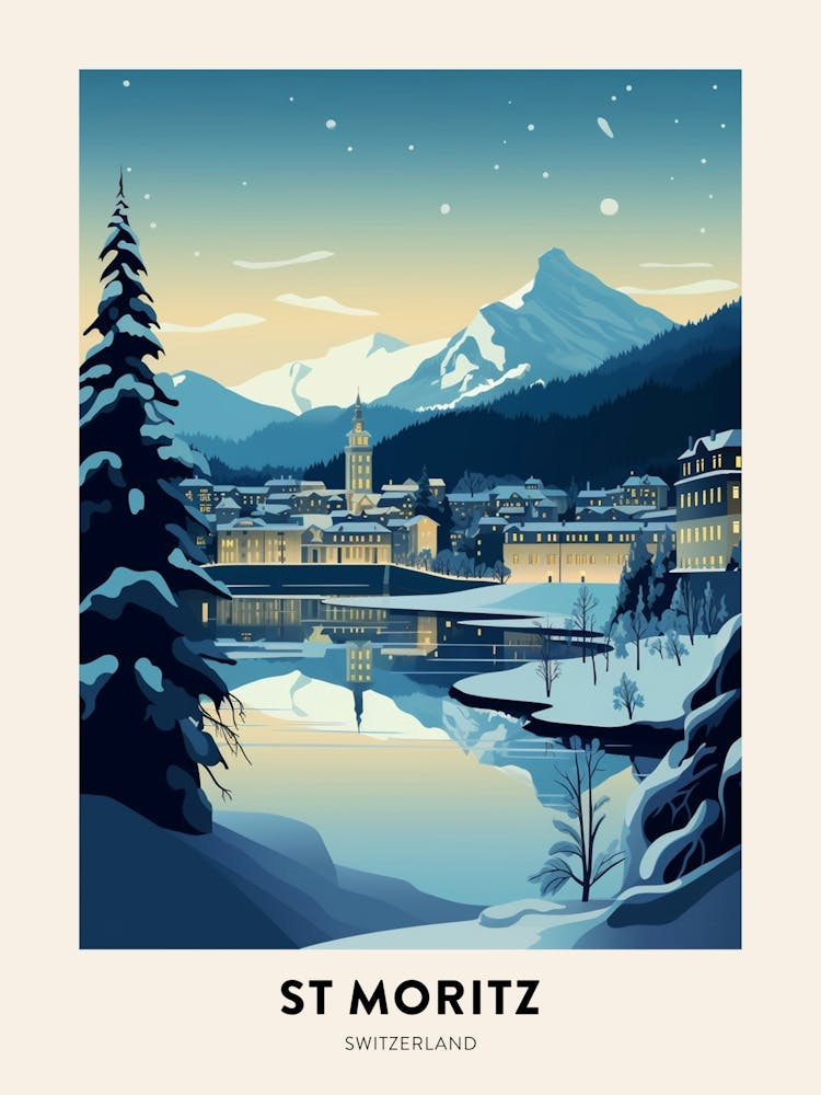 Winter Night  Travel Poster St Moritz Switzerland 2