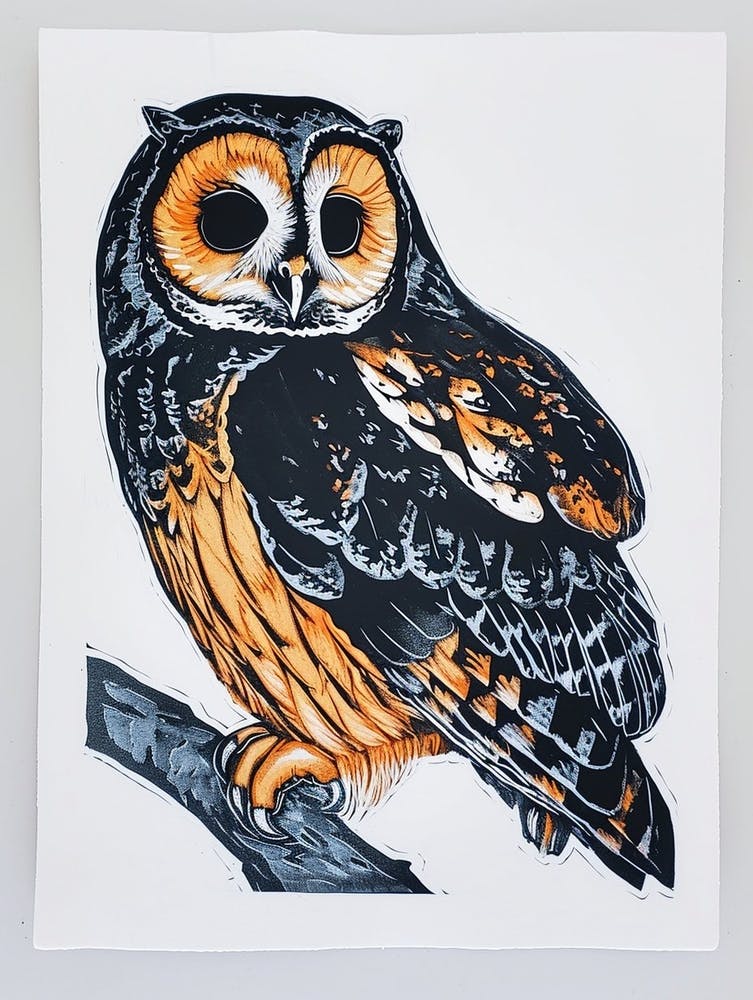 Boreal Owl Linocut Blockprint 1