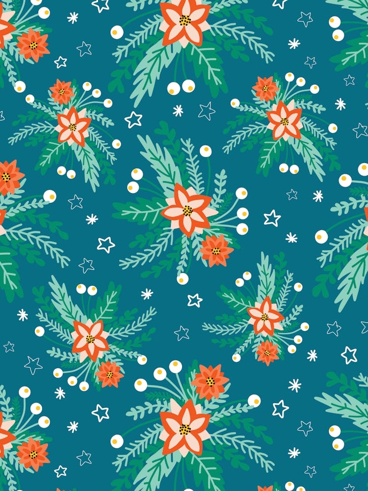 Red and White Poinsettia Flower Clusters with Berries on Blue with Stars