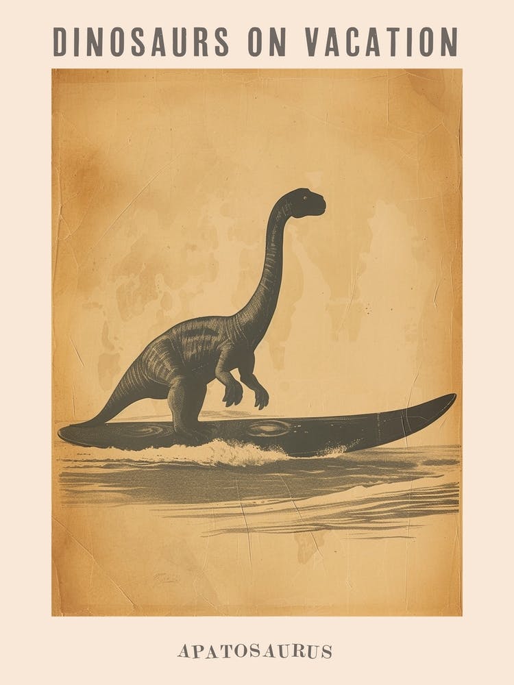 Vintage Apatosaurus Dinosaur On A Surf Board 1 Poster