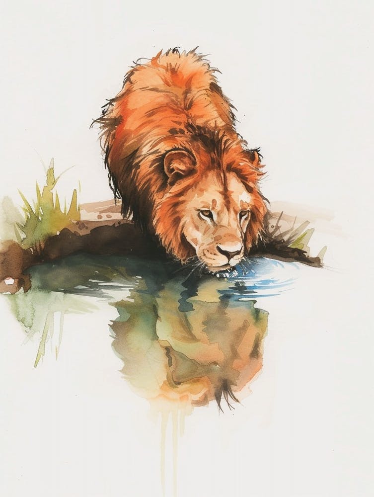 African Lion Drinking From A Watering Hole Clipart 1