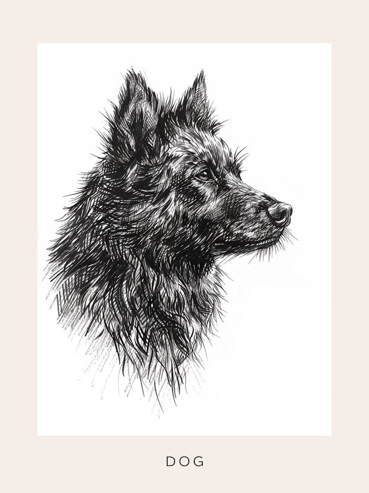 Black Long Haired Dog Line Sketch 2 Poster