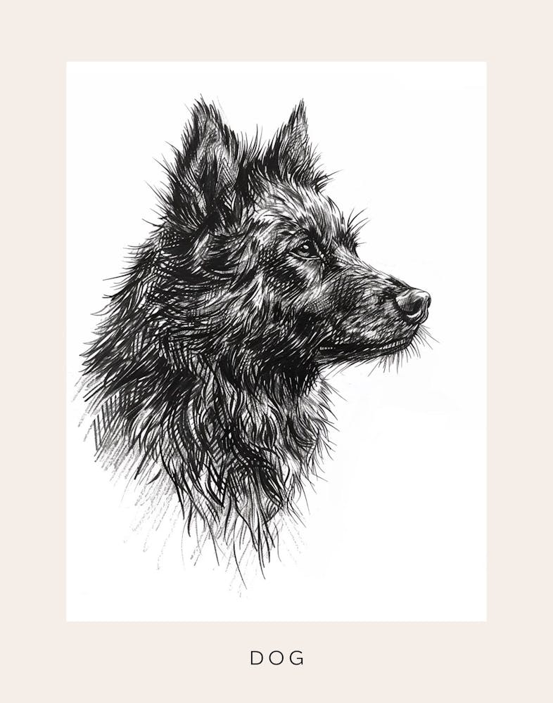 Black Long Haired Dog Line Sketch 2 Poster