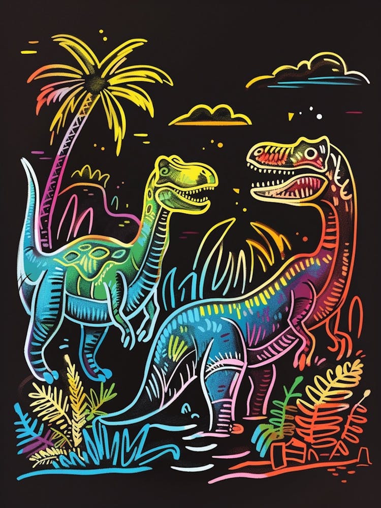 Neon Dinosaur Lines In The Leaves 2