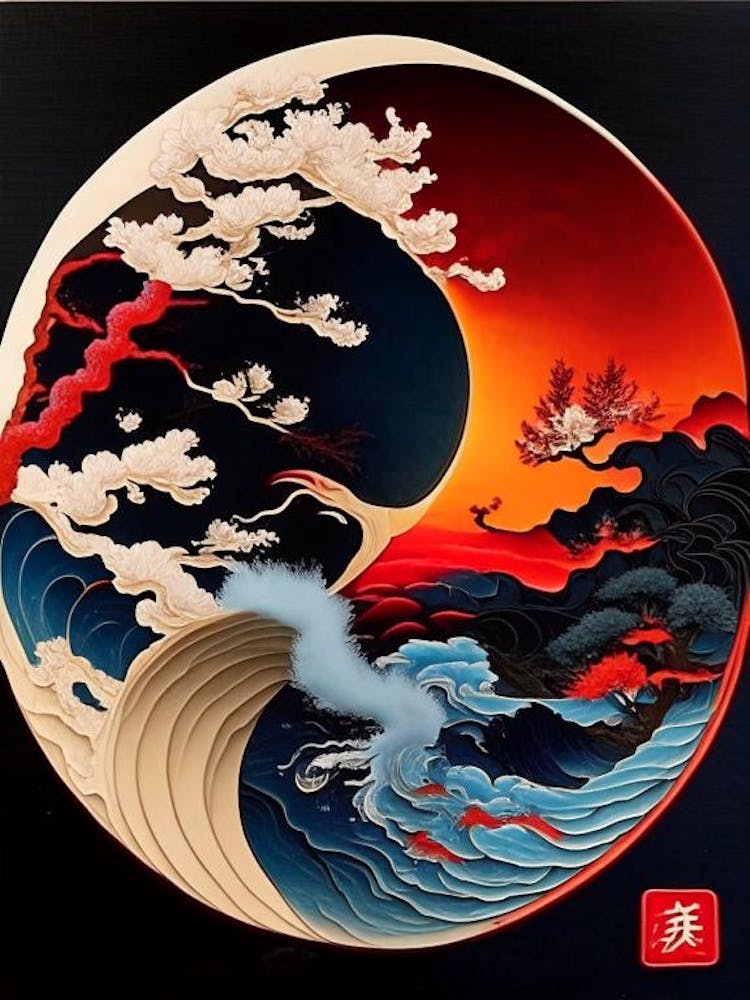 Fire And Water 1, Yin and Yang Japanese Ukiyo E Style