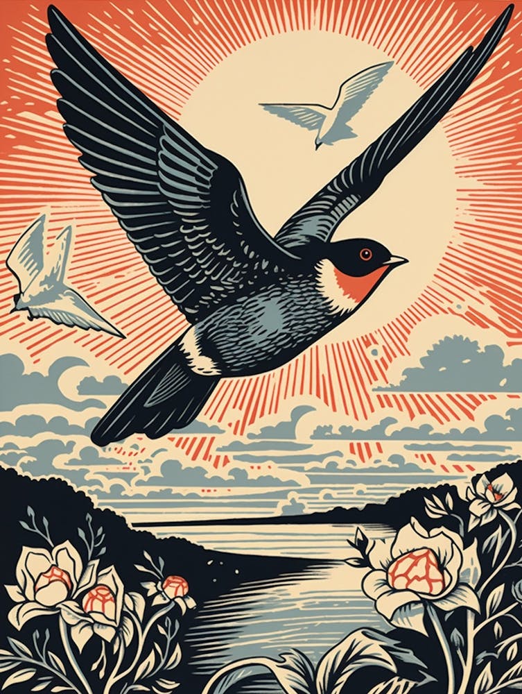 Vintage Bird Linocut Swallow 1