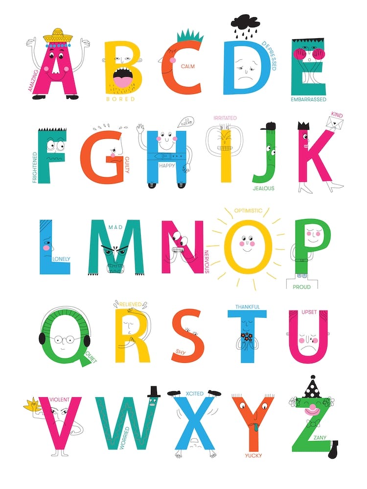 A To Z Of Emotions Print Bright Colours