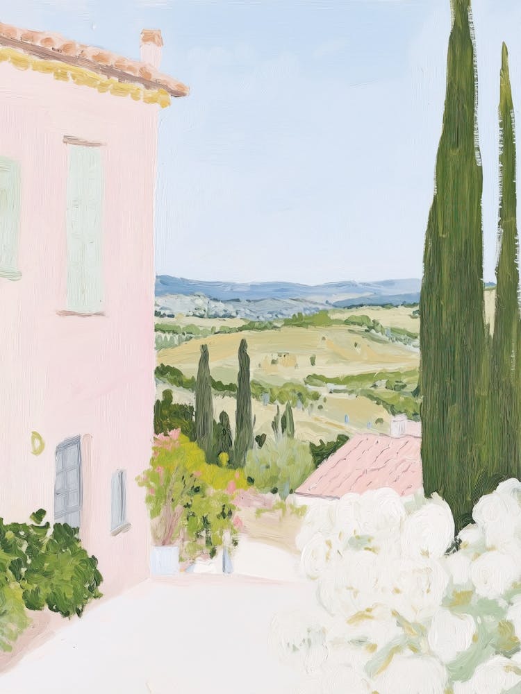 Italy Travel Art Tuscany Hills Pink House In The Hills Painting