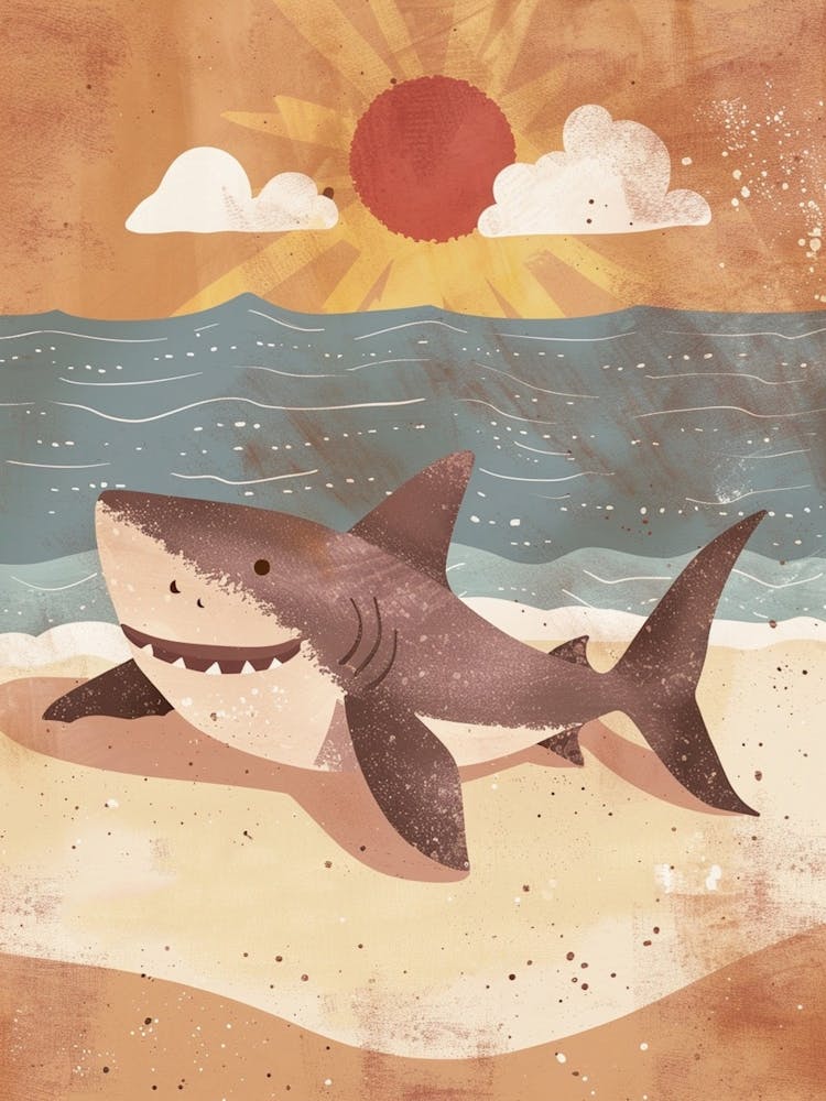 Shark On The Beach With The Sun Storybook Style 2
