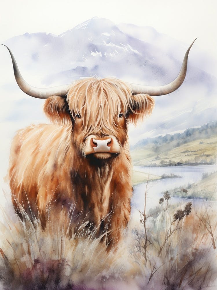 Highland Cow By The Lake Watercolour  2