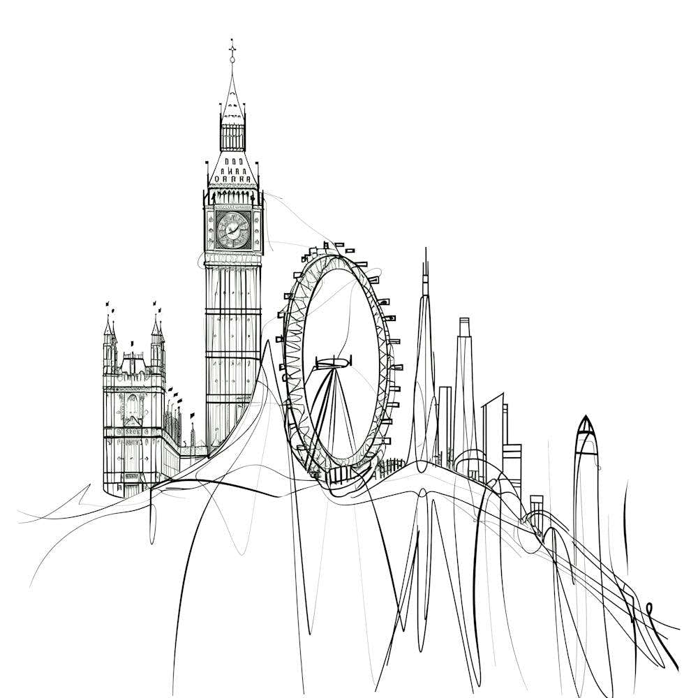 London Skyline, minimalist, line art, black and white. 1