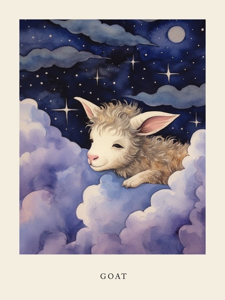 Baby Goat Sleeping In The Clouds Nursery Poster