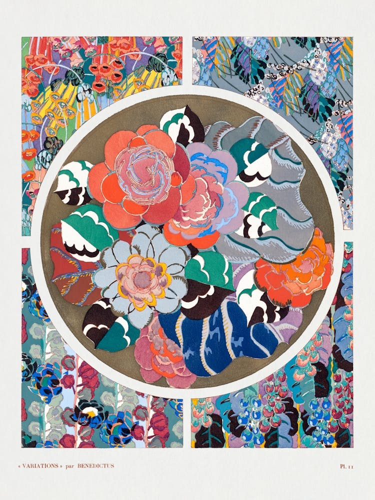 Flower Art Deco Pattern, Variations 11 From Variations Quatre Vingt Six Motifs Décoratifs En Vingt Planches, Édouard Bénédictus