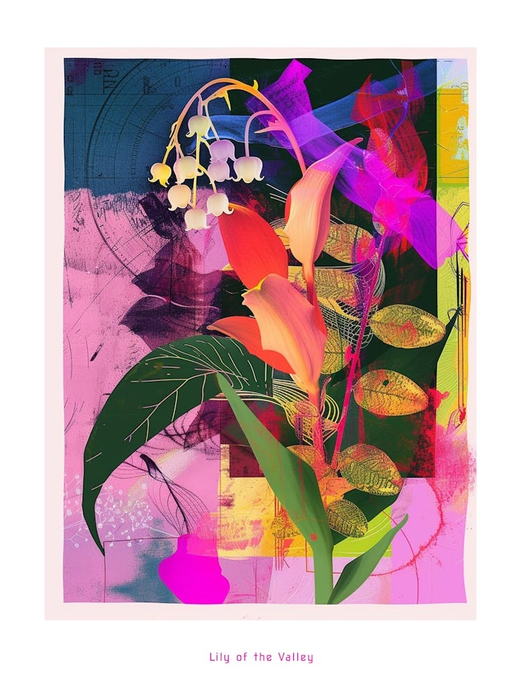 Lily Of The Valley 2 Neon Flower Collage Poster