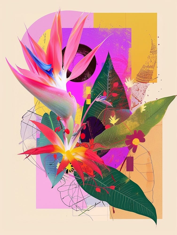 Paradiesvogel 3 Neon Blumen Collage