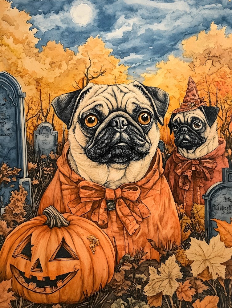 Halloween Pugs Watercolor 7