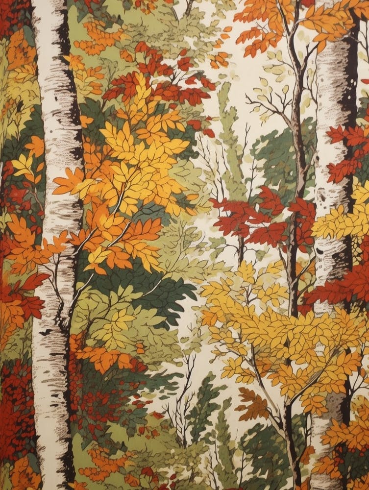White Birch 3 Vintage Autumn Tree Print 