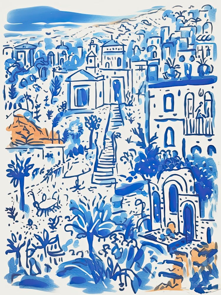 Italy, Amalfi Coast Cute Illustration In Blue 3