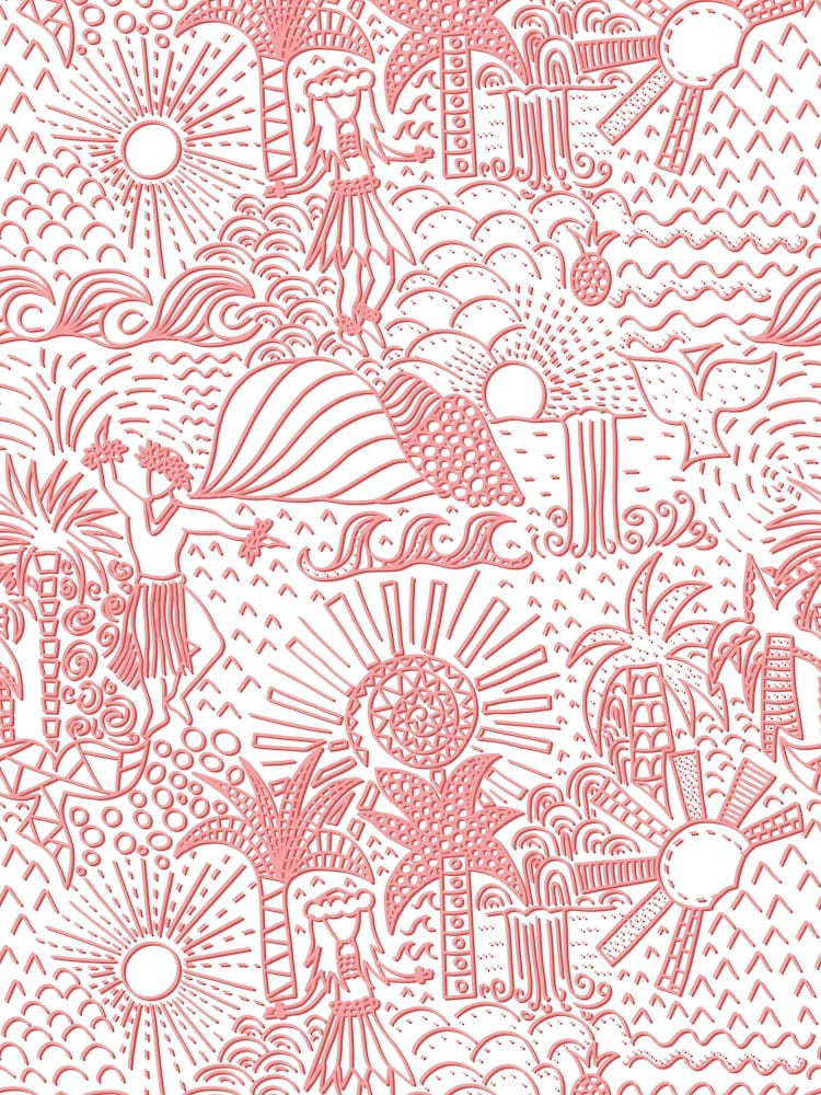Hawaiian Toile Polynesische Hula-Tanz Tropische Landschaft Hellrosa Weiß