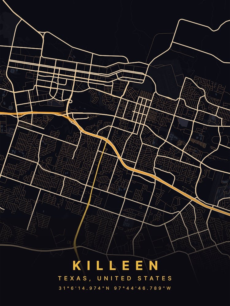 Killeen Texas USA Black And Gold Map