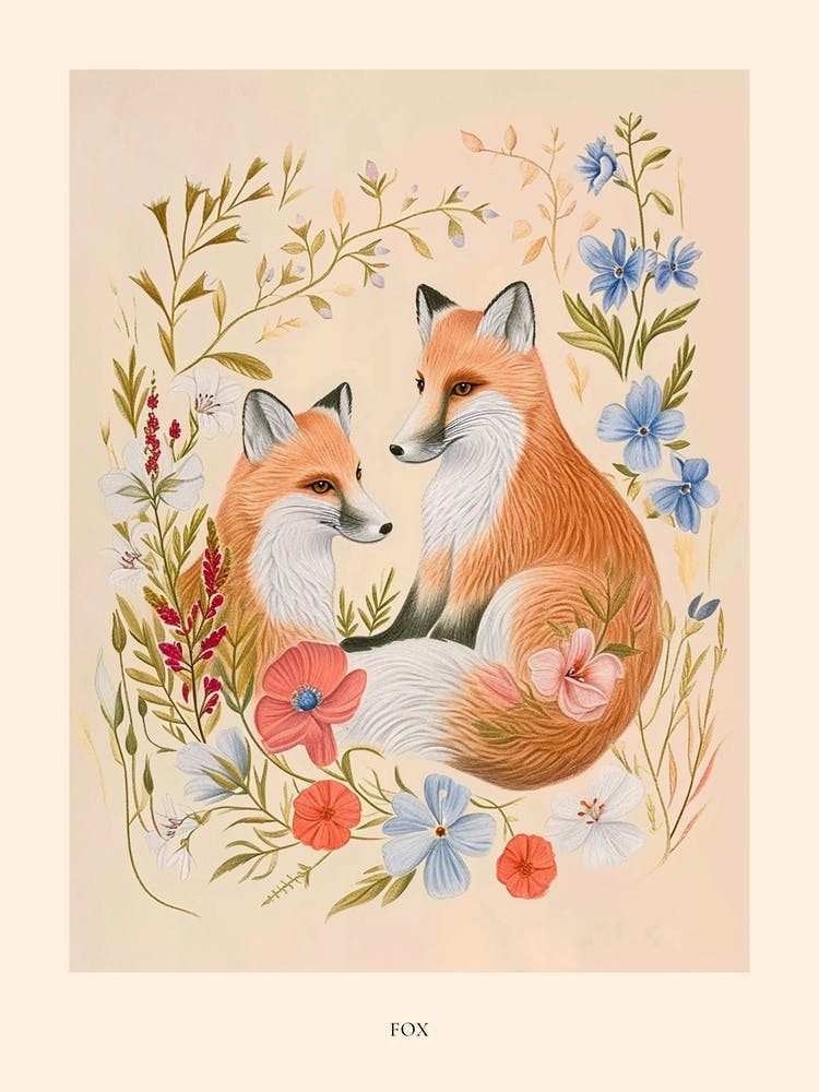 Folksy Floral Animal Drawing Fox 7 Poster