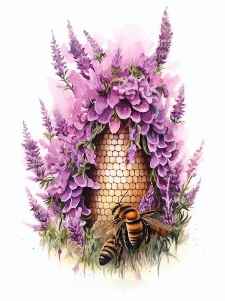 Beehive With Heather Flower Watercolour Illustration 3