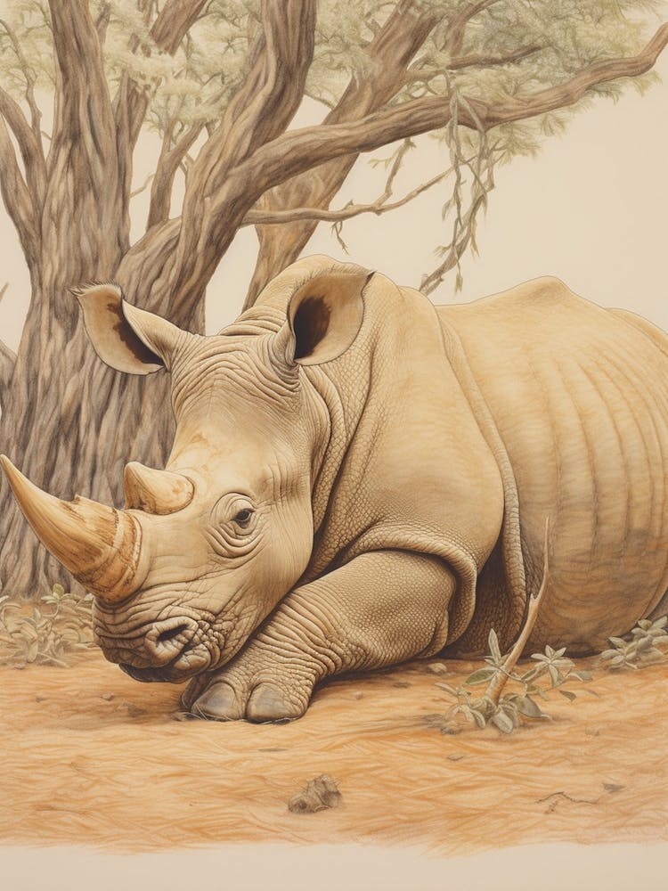 Rhino Lying Under The Tree Detailed Illustration 1