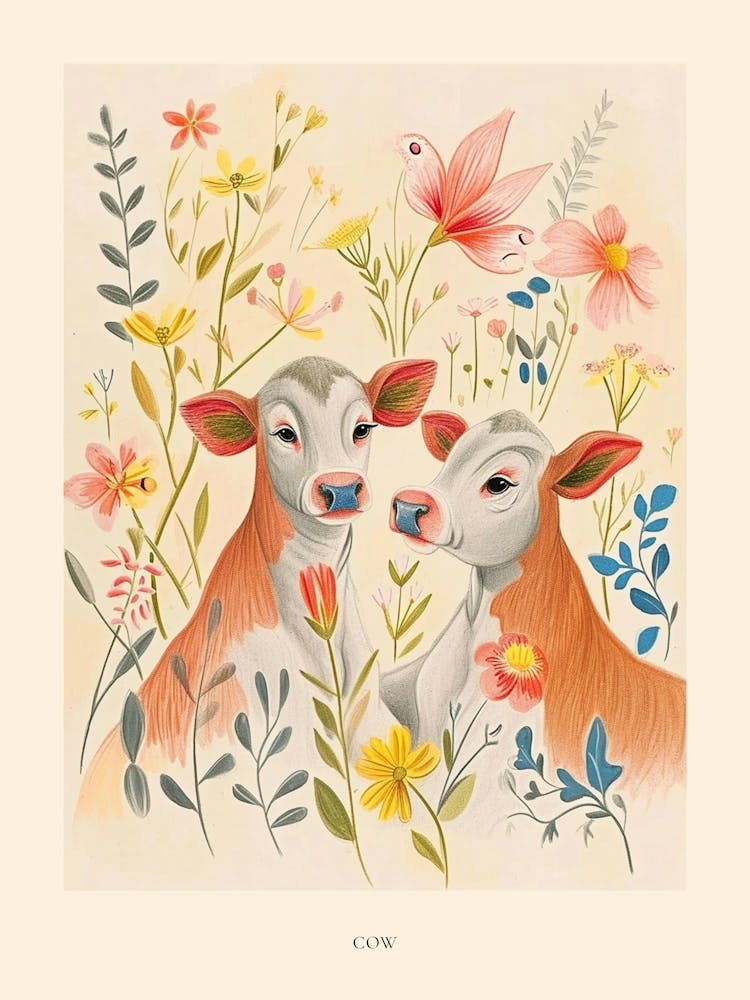 Folksy Floral Animal Drawing Cow 3 Poster