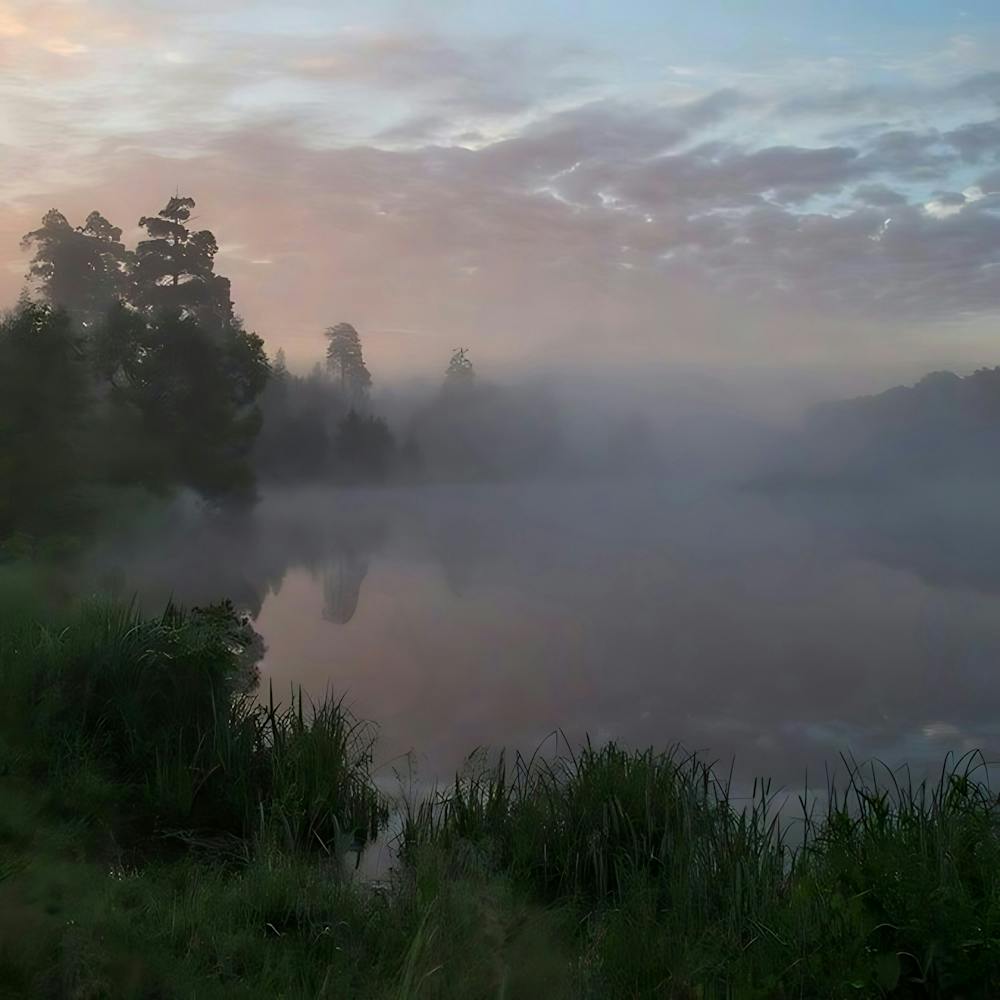 Misty Lake At Sunrise