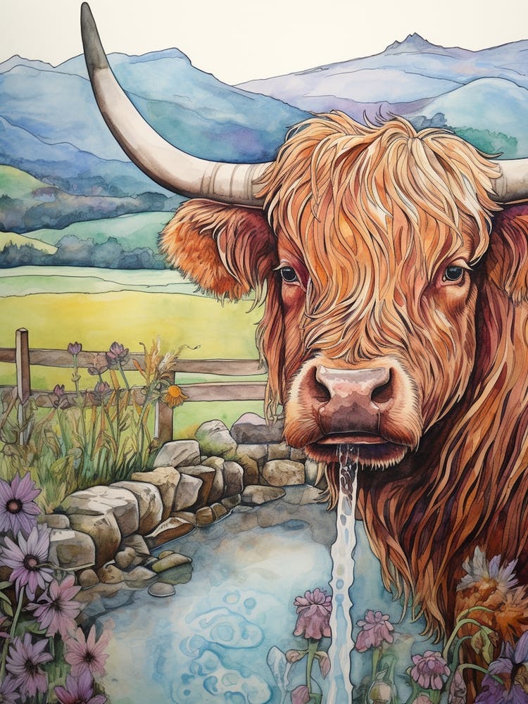 Linework Illustration Of A Highland Cow Pastel 1