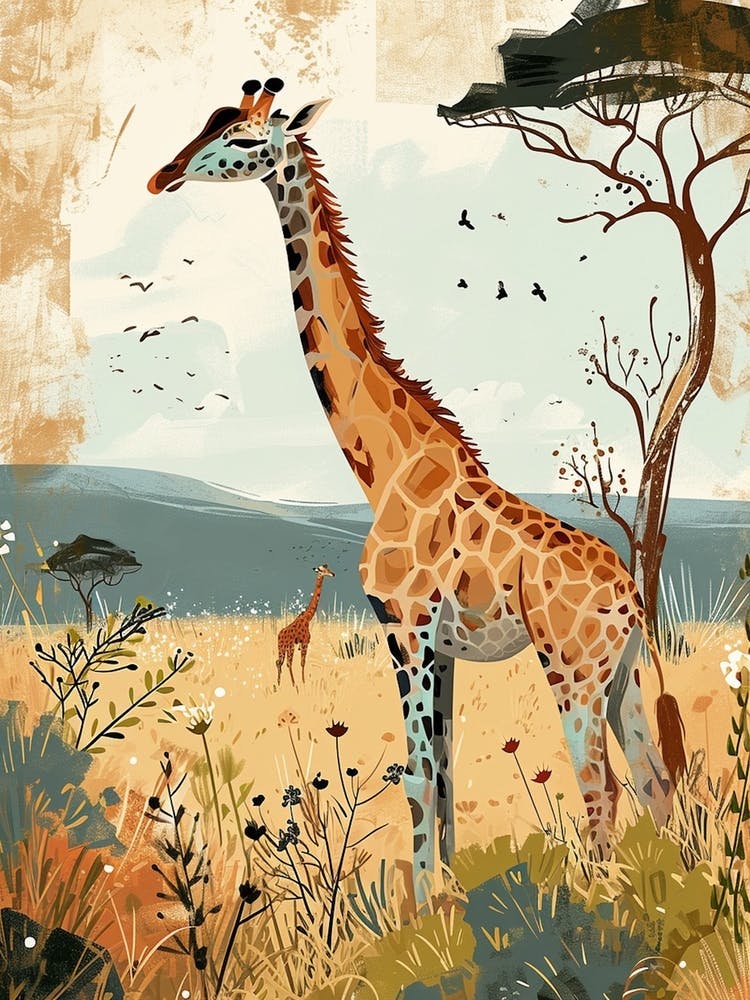 Giraffe In The Grass Colourful Illustration 3