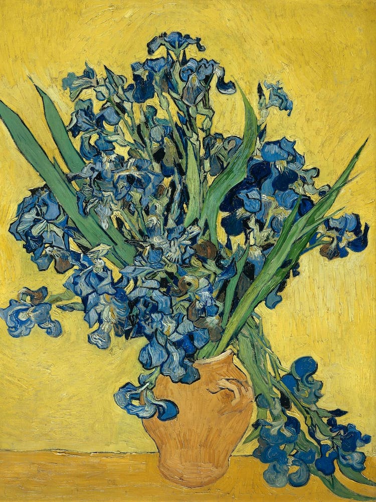 Vase With Irises Against A Yellow Background, Vincent Van Gogh