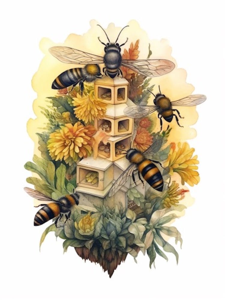 Common Carder Bee Beehive Watercolour Illustration 4