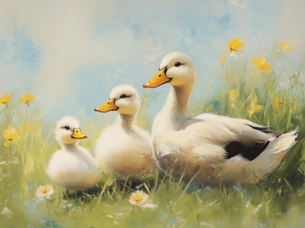 Duck Family In Green Meadow