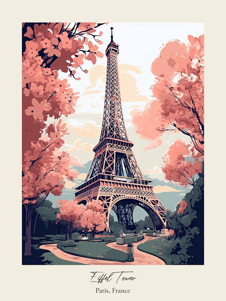 Eiffel Tower, Paris France   Cute Botanical Illustration Travel Poster