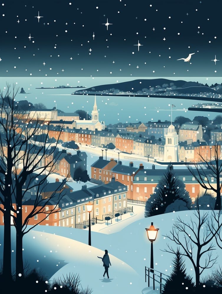 Winter Travel Night Illustration Plymouth United Kingdom 2