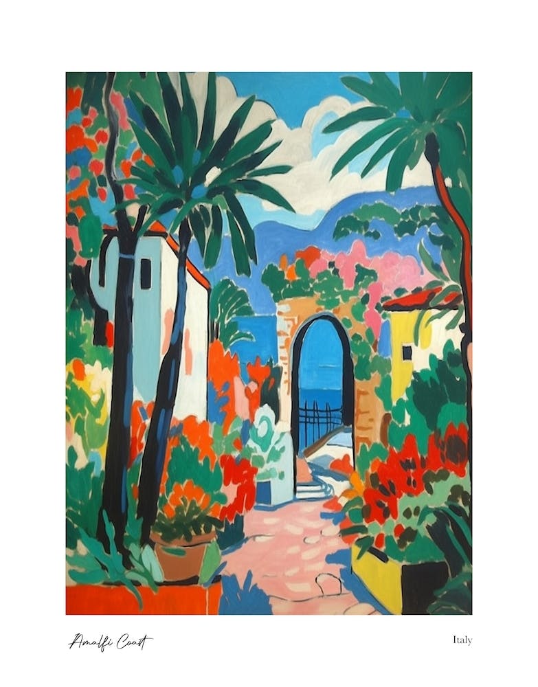 Amalfi Coast Matisse Style, Italy 9 Watercolour Travel Poster