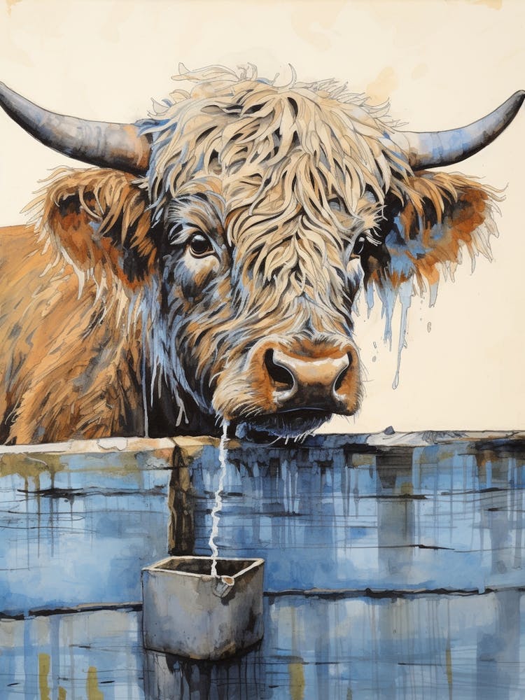 Chalk Blue Highland Cow Illustration