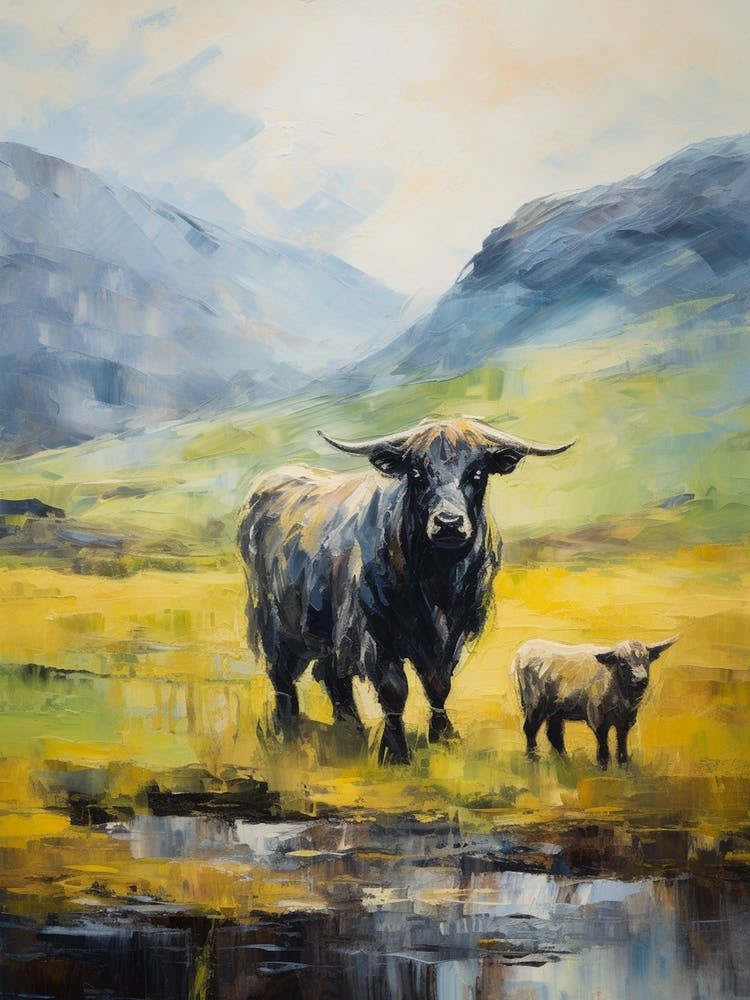 A Highland Cow & A Calf Impressionism Style 2