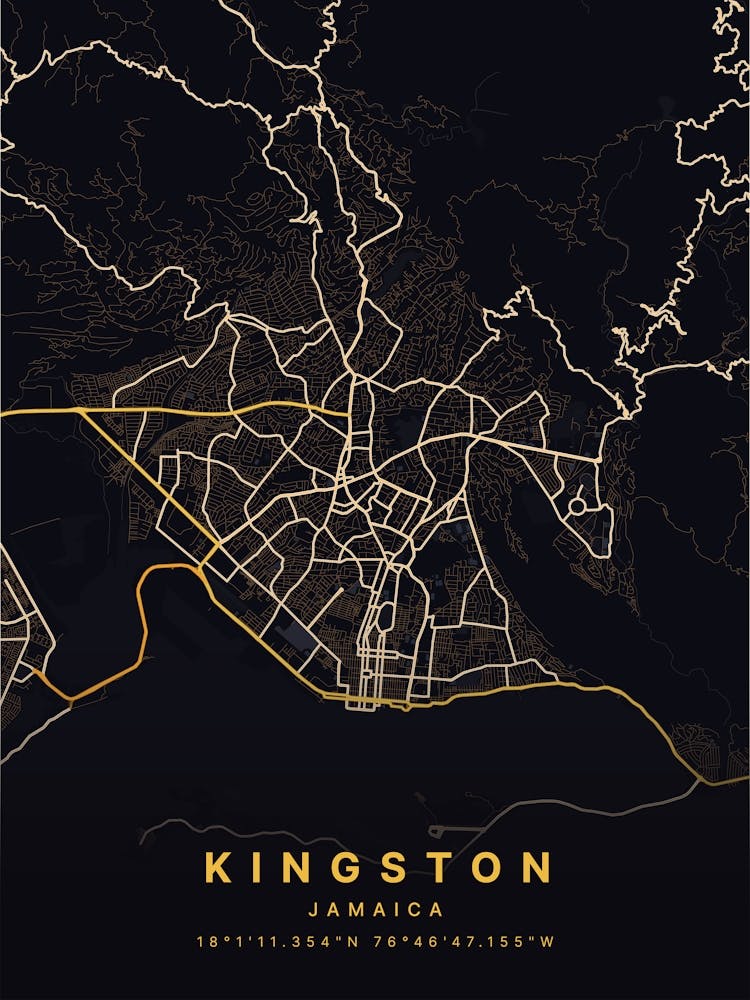 Kingston Saint Andrew Jamaica Black And Gold Map